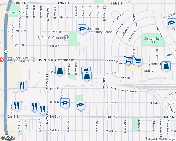 map of restaurants, bars, coffee shops, grocery stores, and more near 701 27th Avenue North in St. Cloud