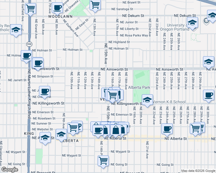 map of restaurants, bars, coffee shops, grocery stores, and more near 5706 Northeast 16th Avenue in Portland