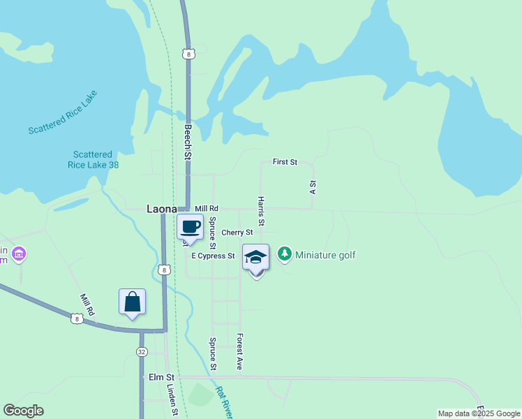 map of restaurants, bars, coffee shops, grocery stores, and more near Harris Street in Laona