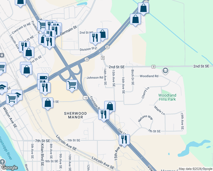 map of restaurants, bars, coffee shops, grocery stores, and more near 401 Oak Street in St. Cloud