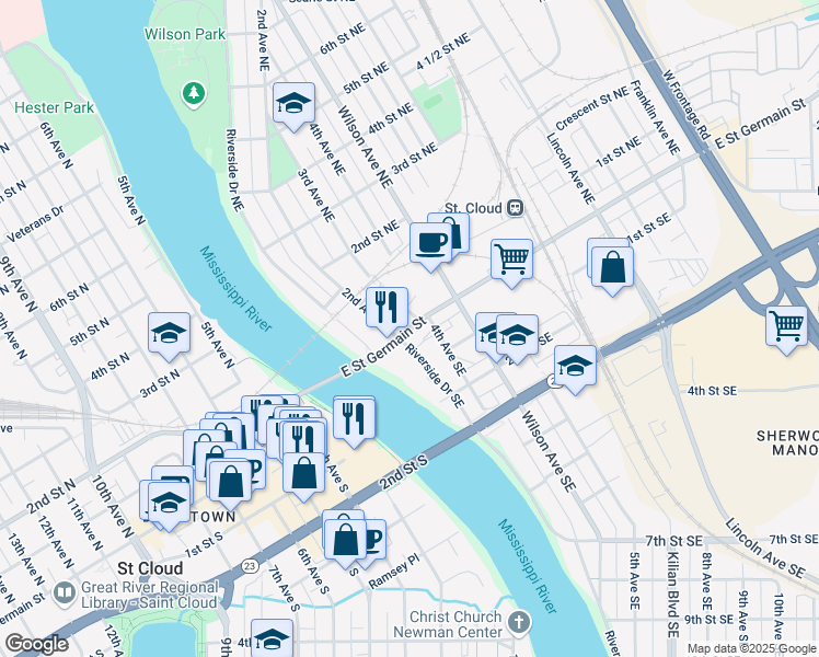 map of restaurants, bars, coffee shops, grocery stores, and more near 124 East Saint Germain Street in St. Cloud