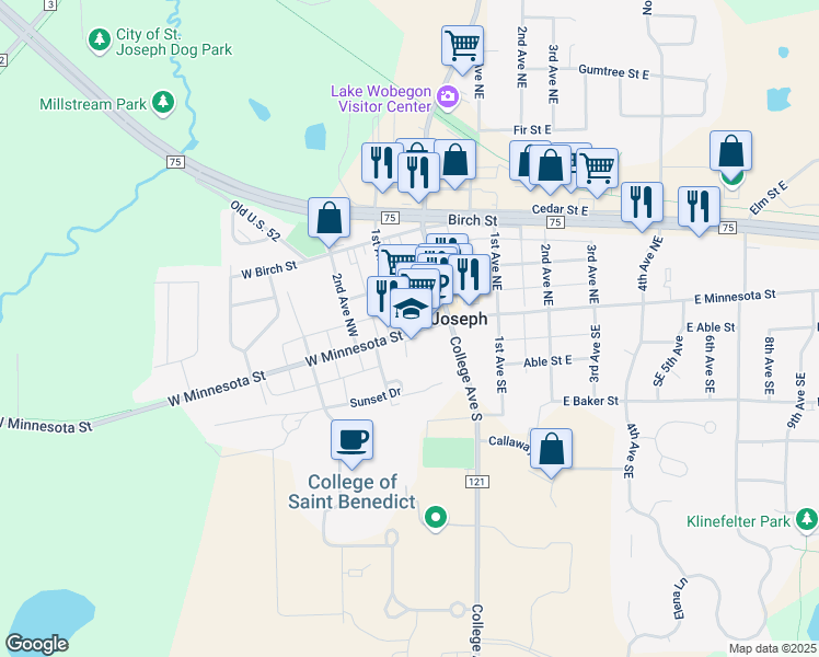 map of restaurants, bars, coffee shops, grocery stores, and more near 32 West Minnesota Street in Saint Joseph