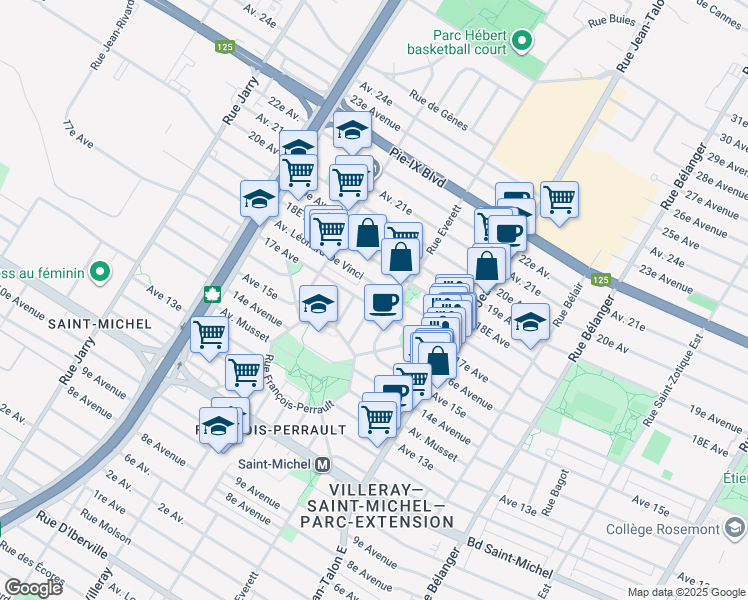 map of restaurants, bars, coffee shops, grocery stores, and more near 7371 17e Avenue in Montréal