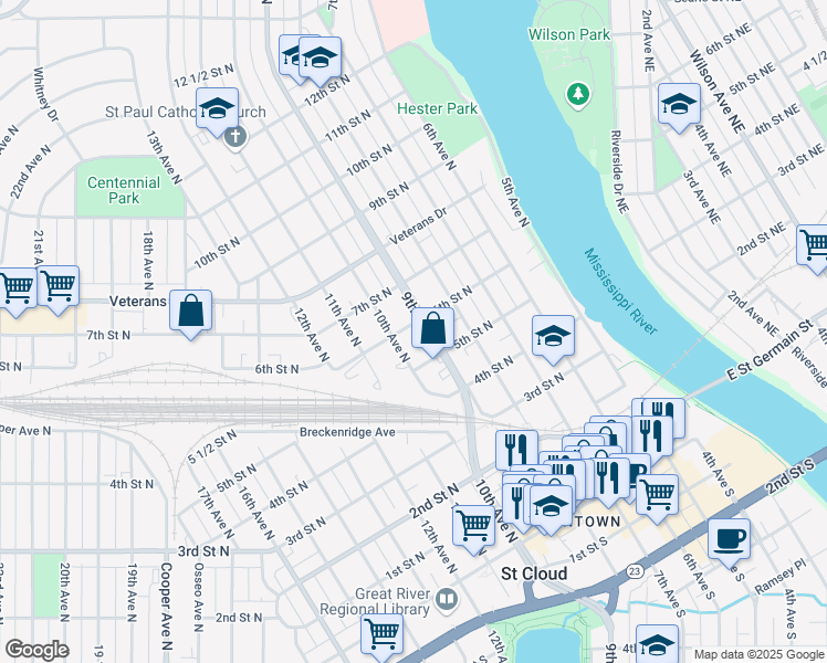map of restaurants, bars, coffee shops, grocery stores, and more near 525 9th Avenue North in St. Cloud