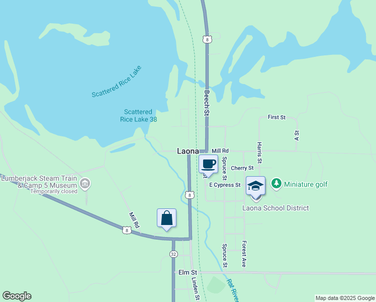 map of restaurants, bars, coffee shops, grocery stores, and more near in Laona