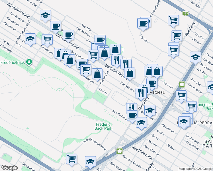 map of restaurants, bars, coffee shops, grocery stores, and more near 8417 8e Avenue in Montréal