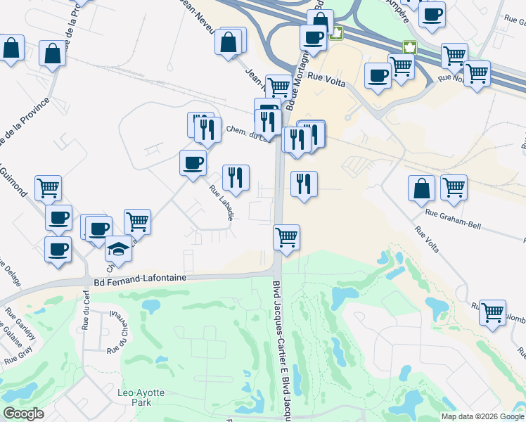 map of restaurants, bars, coffee shops, grocery stores, and more near 2645 Boulevard Jacques-Cartier Est in Longueuil