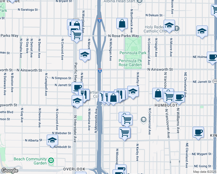 map of restaurants, bars, coffee shops, grocery stores, and more near 1014 North Jessup Street in Portland