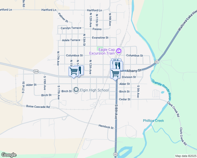 map of restaurants, bars, coffee shops, grocery stores, and more near 1100 Alder Street in Elgin