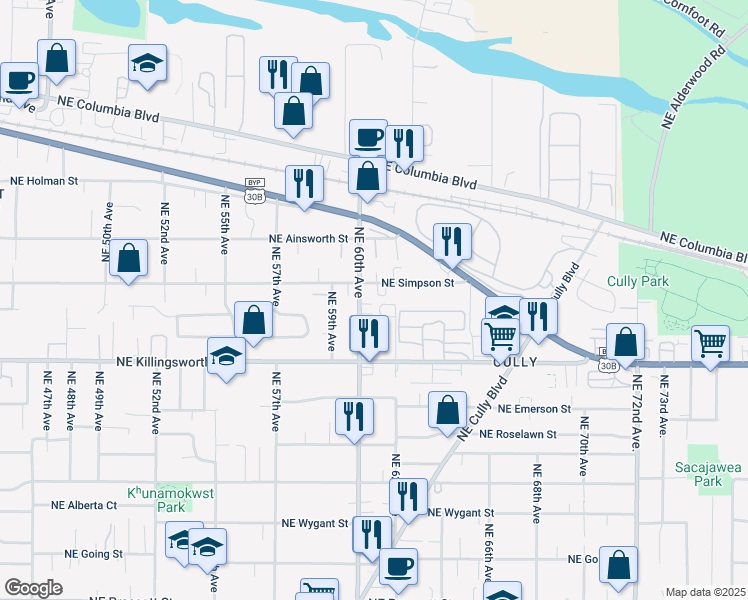 map of restaurants, bars, coffee shops, grocery stores, and more near 5705 Northeast 62nd Avenue in Portland