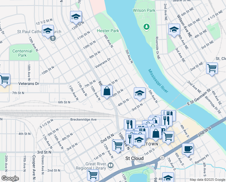 map of restaurants, bars, coffee shops, grocery stores, and more near 413 9th Avenue North in St. Cloud
