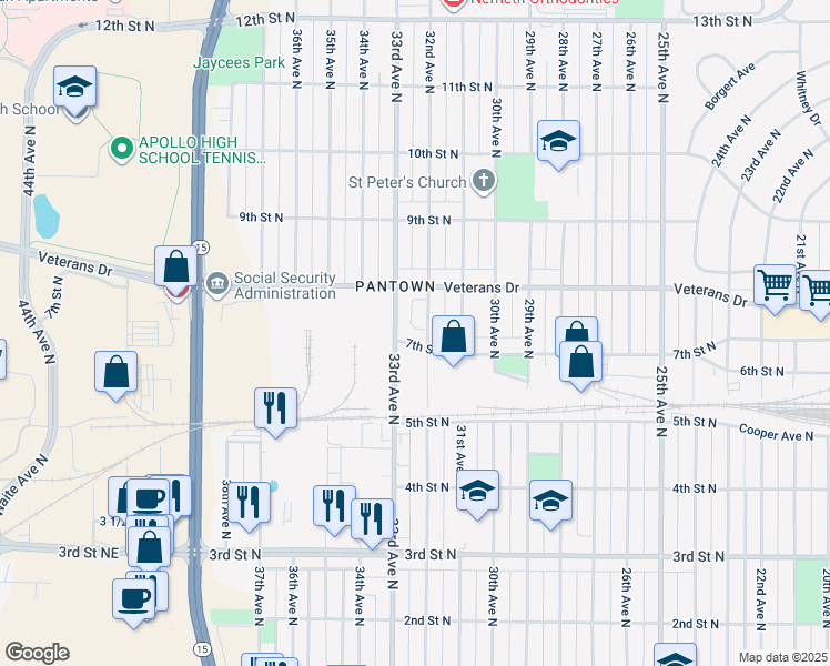 map of restaurants, bars, coffee shops, grocery stores, and more near 3123 7th Street North in St. Cloud