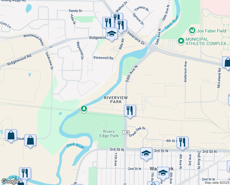 map of restaurants, bars, coffee shops, grocery stores, and more near 10 Rivercrest Drive in St. Cloud