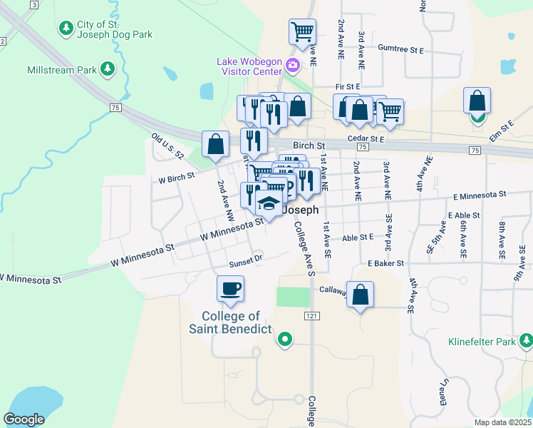 map of restaurants, bars, coffee shops, grocery stores, and more near 32 West Minnesota Street in Saint Joseph