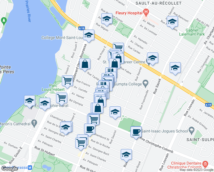 map of restaurants, bars, coffee shops, grocery stores, and more near 1649 Rue Fleury Est in Montréal