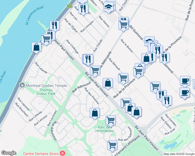 map of restaurants, bars, coffee shops, grocery stores, and more near 2030 Rue de la Métropole in Longueuil