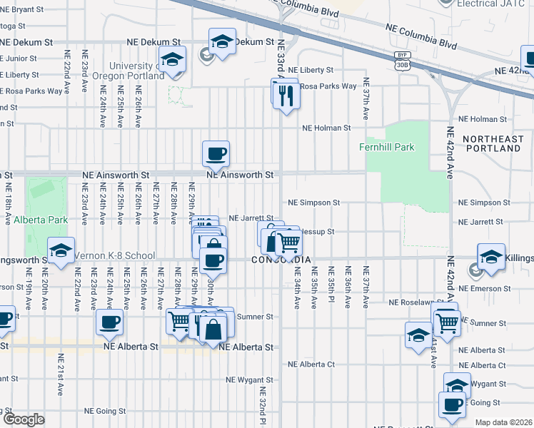 map of restaurants, bars, coffee shops, grocery stores, and more near 5806 Northeast 32nd Place in Portland