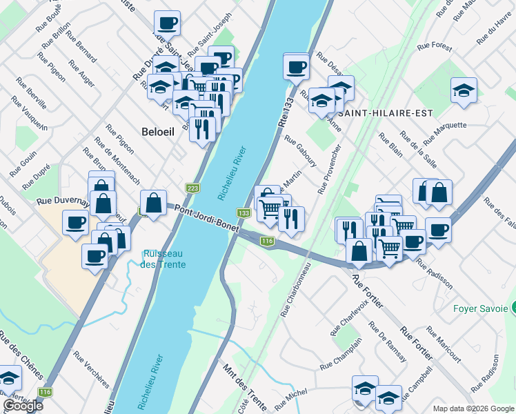 map of restaurants, bars, coffee shops, grocery stores, and more near 28 Rue Messier in Mont-Saint-Hilaire