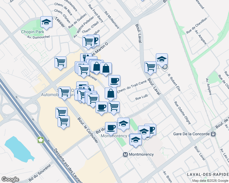 map of restaurants, bars, coffee shops, grocery stores, and more near 1545 Boulevard de l'Avenir in Laval
