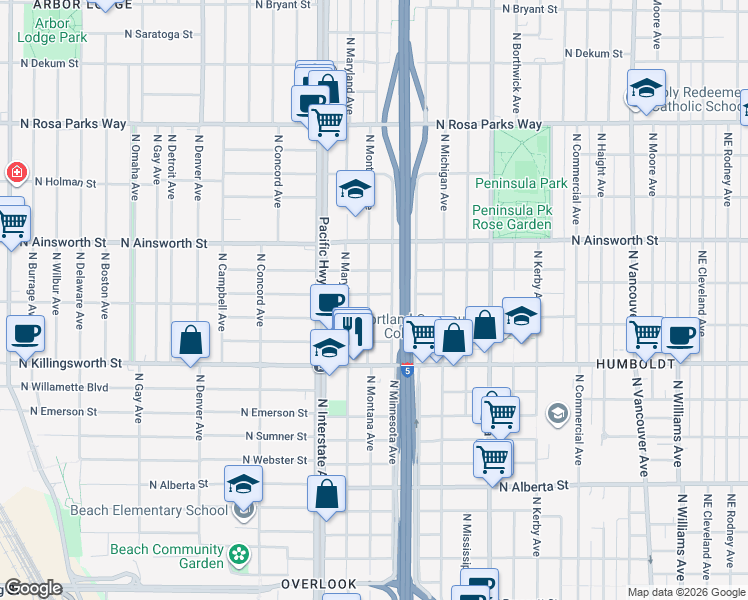 map of restaurants, bars, coffee shops, grocery stores, and more near 5734 North Montana Avenue in Portland
