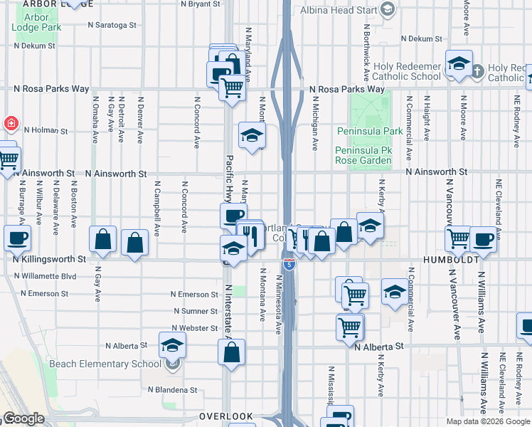 map of restaurants, bars, coffee shops, grocery stores, and more near 5633 North Montana Avenue in Portland