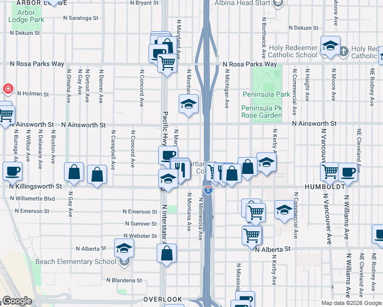 map of restaurants, bars, coffee shops, grocery stores, and more near 5734 North Montana Avenue in Portland