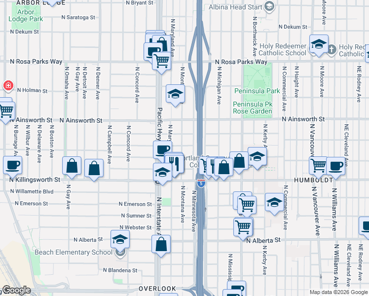 map of restaurants, bars, coffee shops, grocery stores, and more near 5734 North Montana Avenue in Portland
