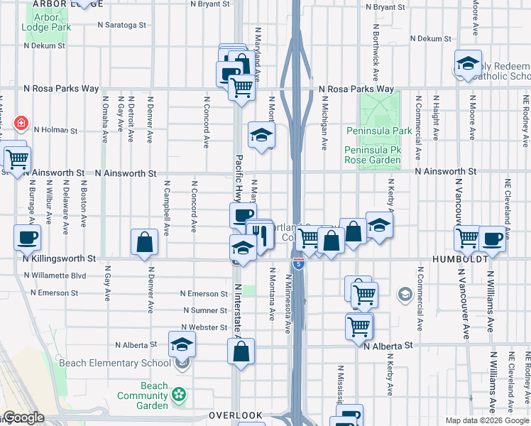 map of restaurants, bars, coffee shops, grocery stores, and more near 5735 North Montana Avenue in Portland
