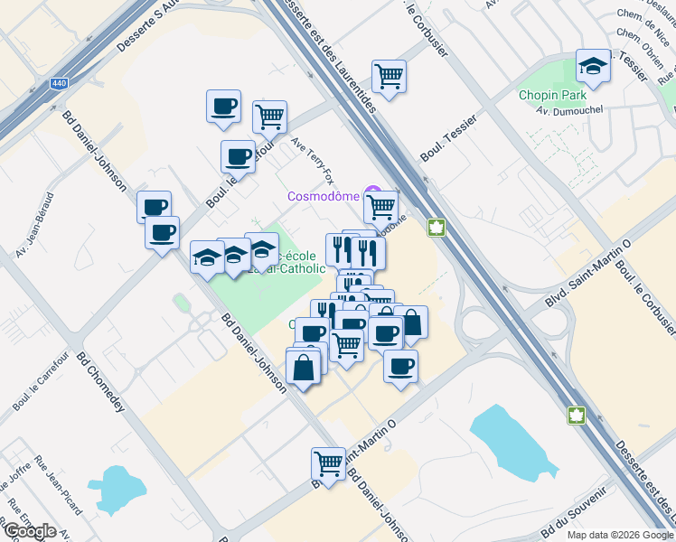 map of restaurants, bars, coffee shops, grocery stores, and more near 2875 Avenue du Cosmodôme in Laval