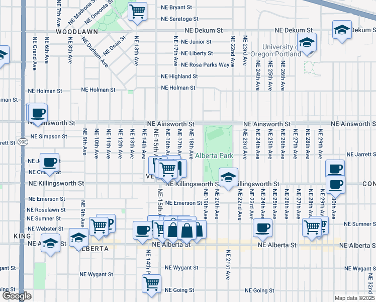 map of restaurants, bars, coffee shops, grocery stores, and more near 5727 Northeast 18th Avenue in Portland