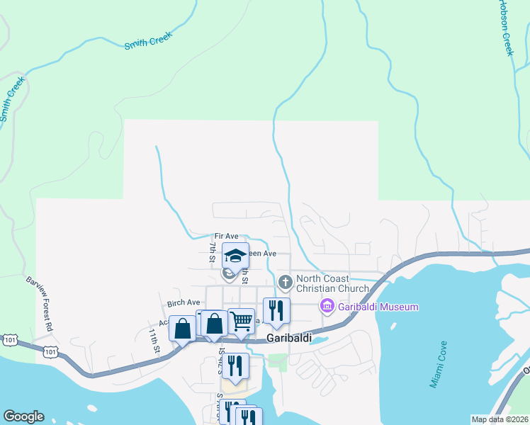 map of restaurants, bars, coffee shops, grocery stores, and more near 307 Ginger Avenue in Garibaldi
