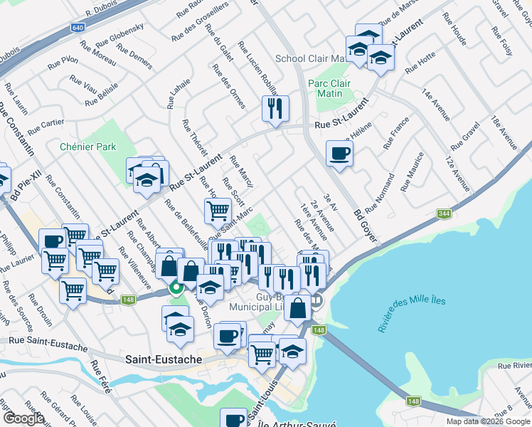 map of restaurants, bars, coffee shops, grocery stores, and more near 144 Rue Landry in Saint-Eustache
