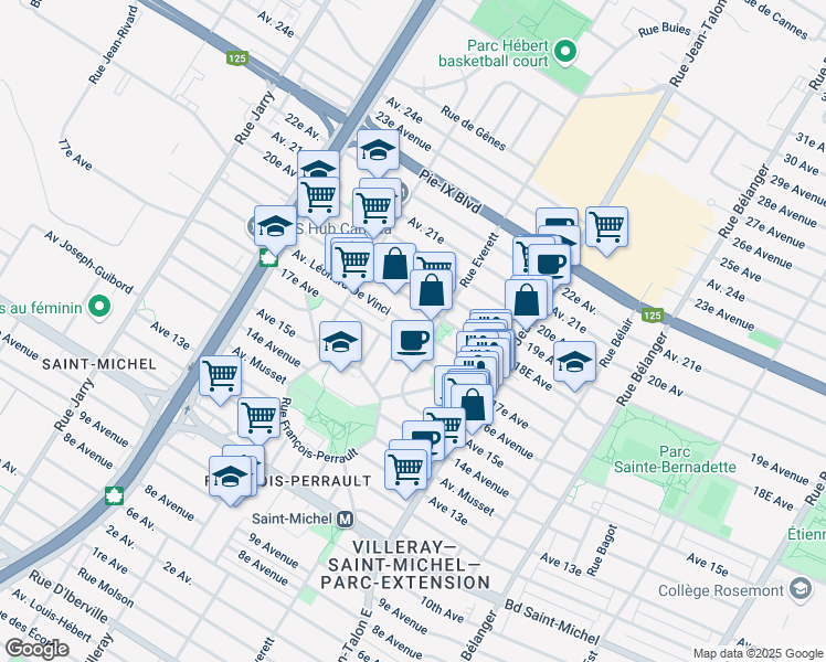 map of restaurants, bars, coffee shops, grocery stores, and more near 7370 Avenue Léonard de Vinci in Montréal