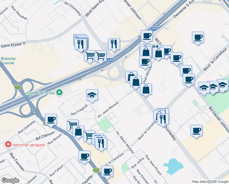 map of restaurants, bars, coffee shops, grocery stores, and more near 3641 Avenue Jean-Béraud in Laval