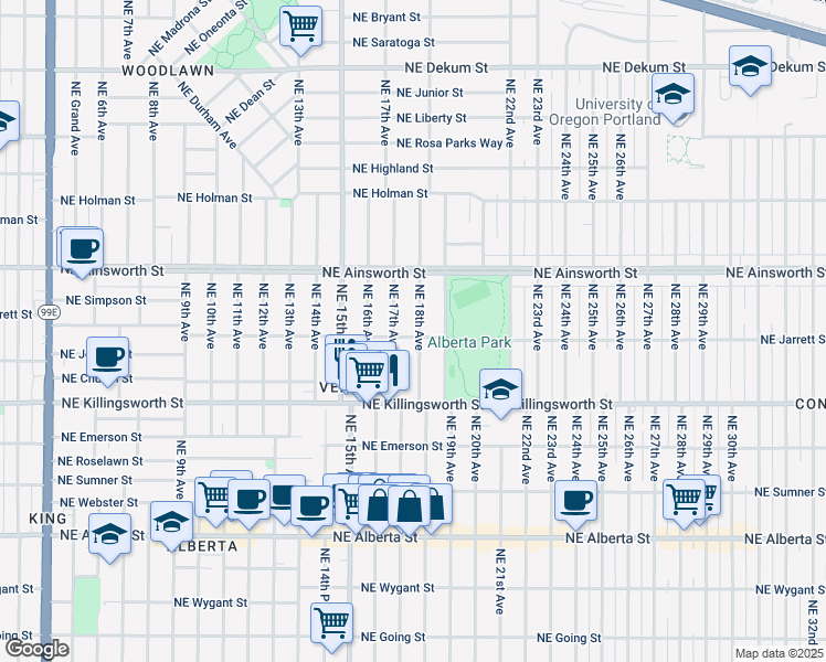 map of restaurants, bars, coffee shops, grocery stores, and more near 5727 Northeast 18th Avenue in Portland