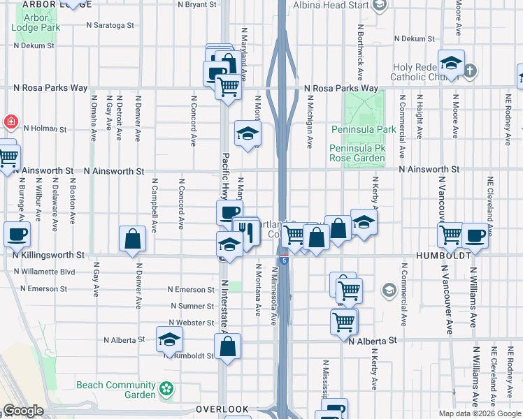 map of restaurants, bars, coffee shops, grocery stores, and more near 5633 North Montana Avenue in Portland