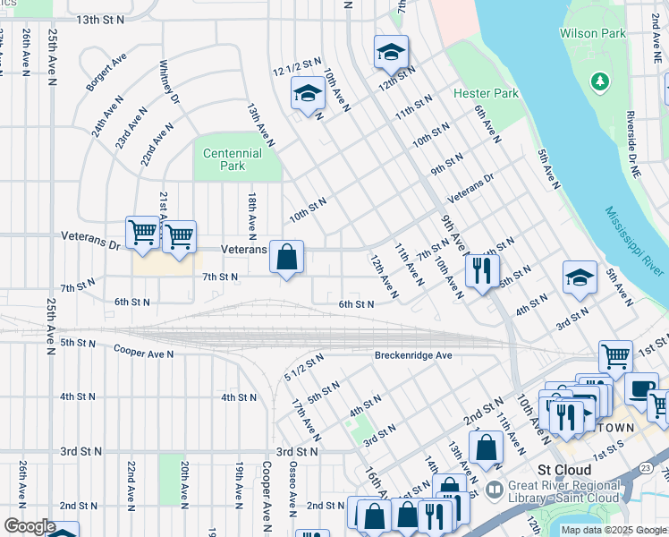 map of restaurants, bars, coffee shops, grocery stores, and more near 1510 7th Street North in St. Cloud