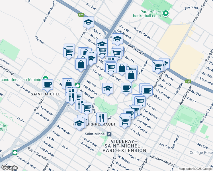 map of restaurants, bars, coffee shops, grocery stores, and more near 3636 Rue Villeray in Montréal