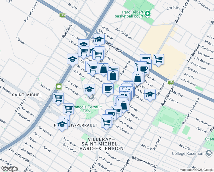 map of restaurants, bars, coffee shops, grocery stores, and more near 7380 Avenue Léonard-De Vinci in Montréal