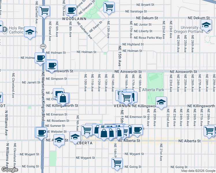 map of restaurants, bars, coffee shops, grocery stores, and more near 1305 Northeast Jarrett Street in Portland