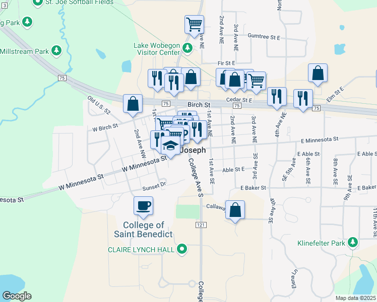 map of restaurants, bars, coffee shops, grocery stores, and more near 25 West Minnesota Street in Saint Joseph