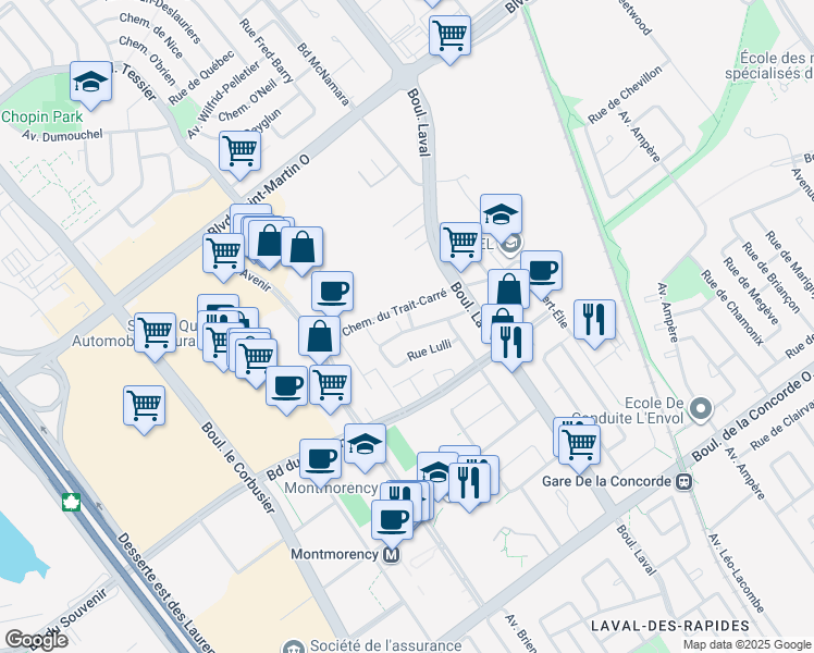 map of restaurants, bars, coffee shops, grocery stores, and more near 346 Rue Lulli in Laval