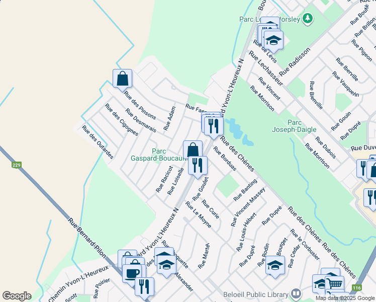 map of restaurants, bars, coffee shops, grocery stores, and more near 1024 Rue Girard in Beloeil
