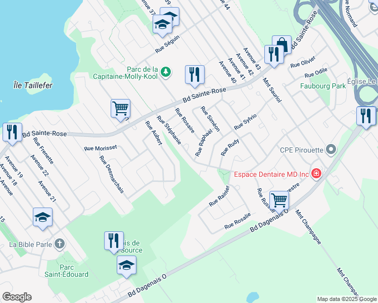 map of restaurants, bars, coffee shops, grocery stores, and more near 4391 Rue Stéphanie in Laval