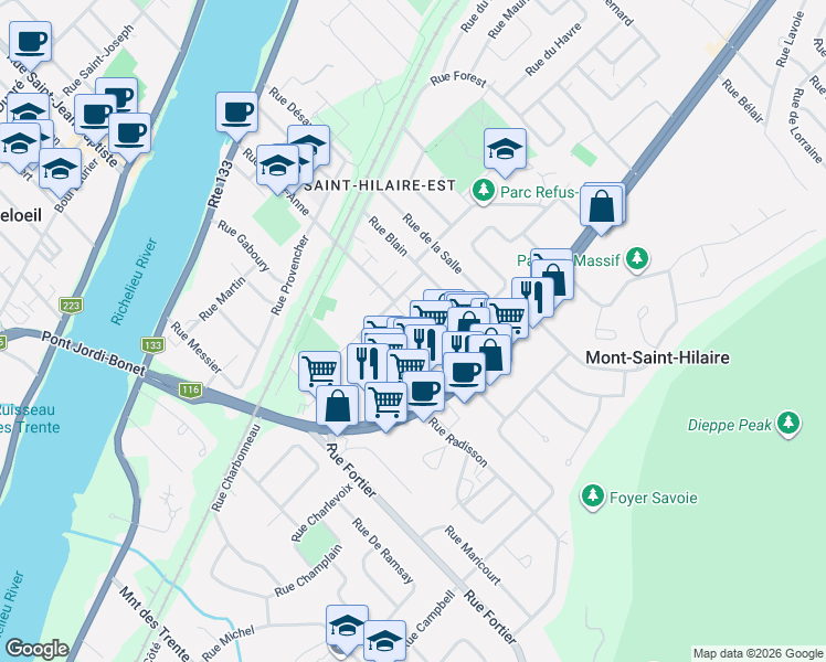 map of restaurants, bars, coffee shops, grocery stores, and more near 335 Rue Jacques-Odelin in Mont-Saint-Hilaire