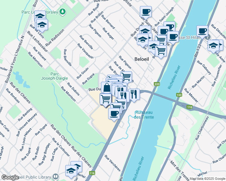 map of restaurants, bars, coffee shops, grocery stores, and more near 281 Rue Duvernay in Beloeil