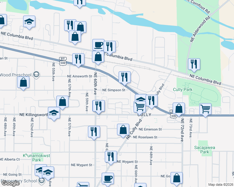 map of restaurants, bars, coffee shops, grocery stores, and more near 6320 Northeast Simpson Street in Portland