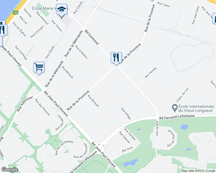 map of restaurants, bars, coffee shops, grocery stores, and more near 2184 Rue de la Province in Longueuil