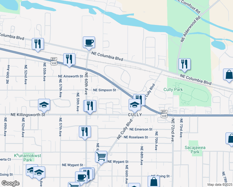 map of restaurants, bars, coffee shops, grocery stores, and more near 6420 U.S. 30 Bypass in Portland