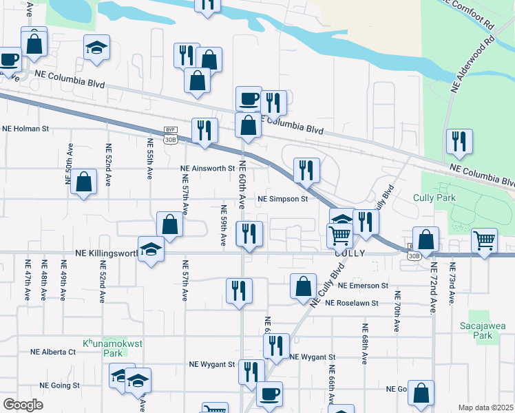 map of restaurants, bars, coffee shops, grocery stores, and more near 6119 Northeast Simpson Street in Portland